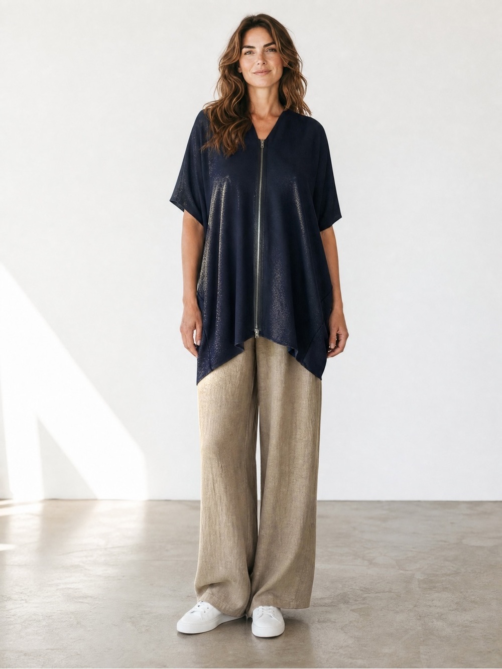 bryn Walker Navy With Gold Coating Zip-Front Italian Fabric Tunic Top Size L